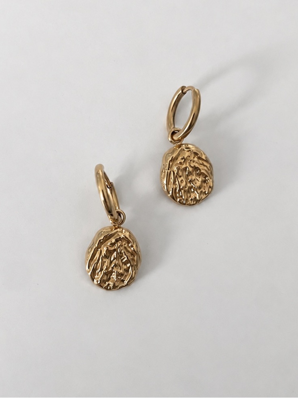 18K Gold Plated Textured Medallion Huggie Drop Earrings